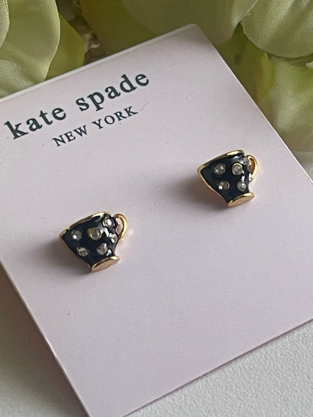 kate spade black enamel teacup stud earrings with crystal dots